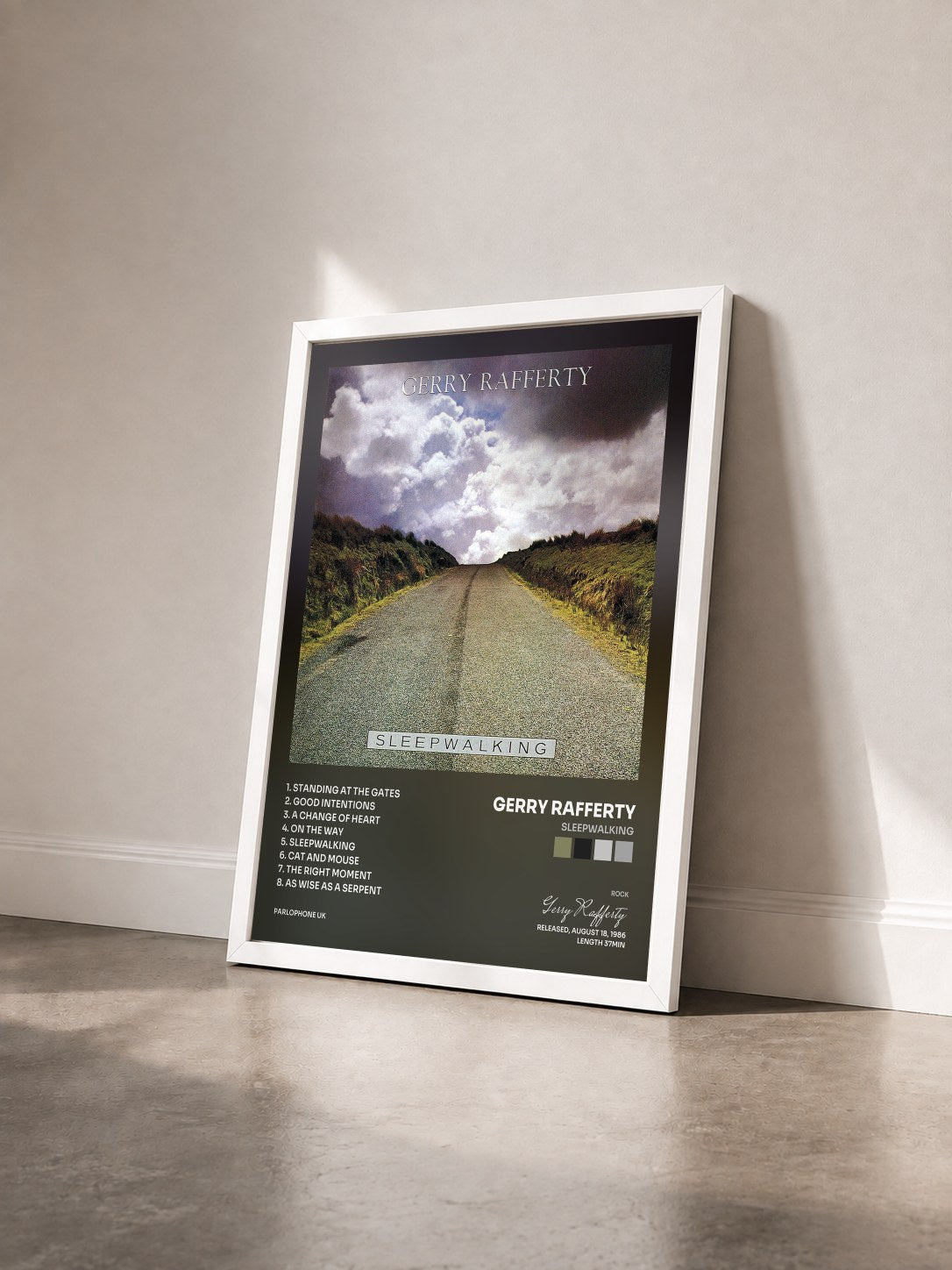 #blanc Tableau de l'album Sleepwalking de Gerry Rafferty vu de trois quarts, cadre blanc