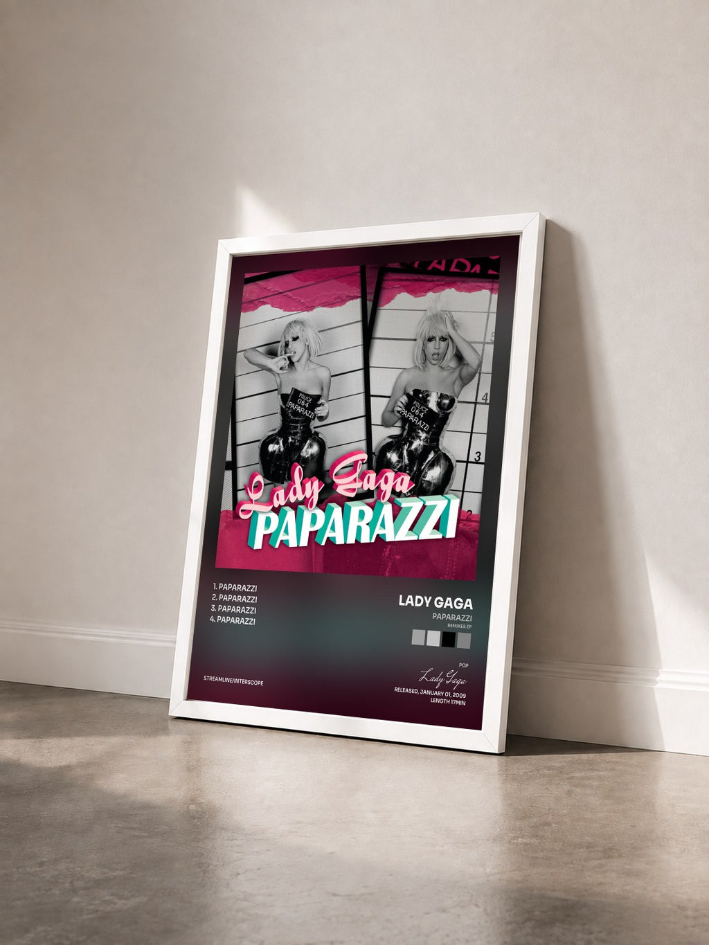 #blanc Tableau de l'album Paparazzi (Remixes EP) de Lady Gaga vu de trois quarts, cadre blanc