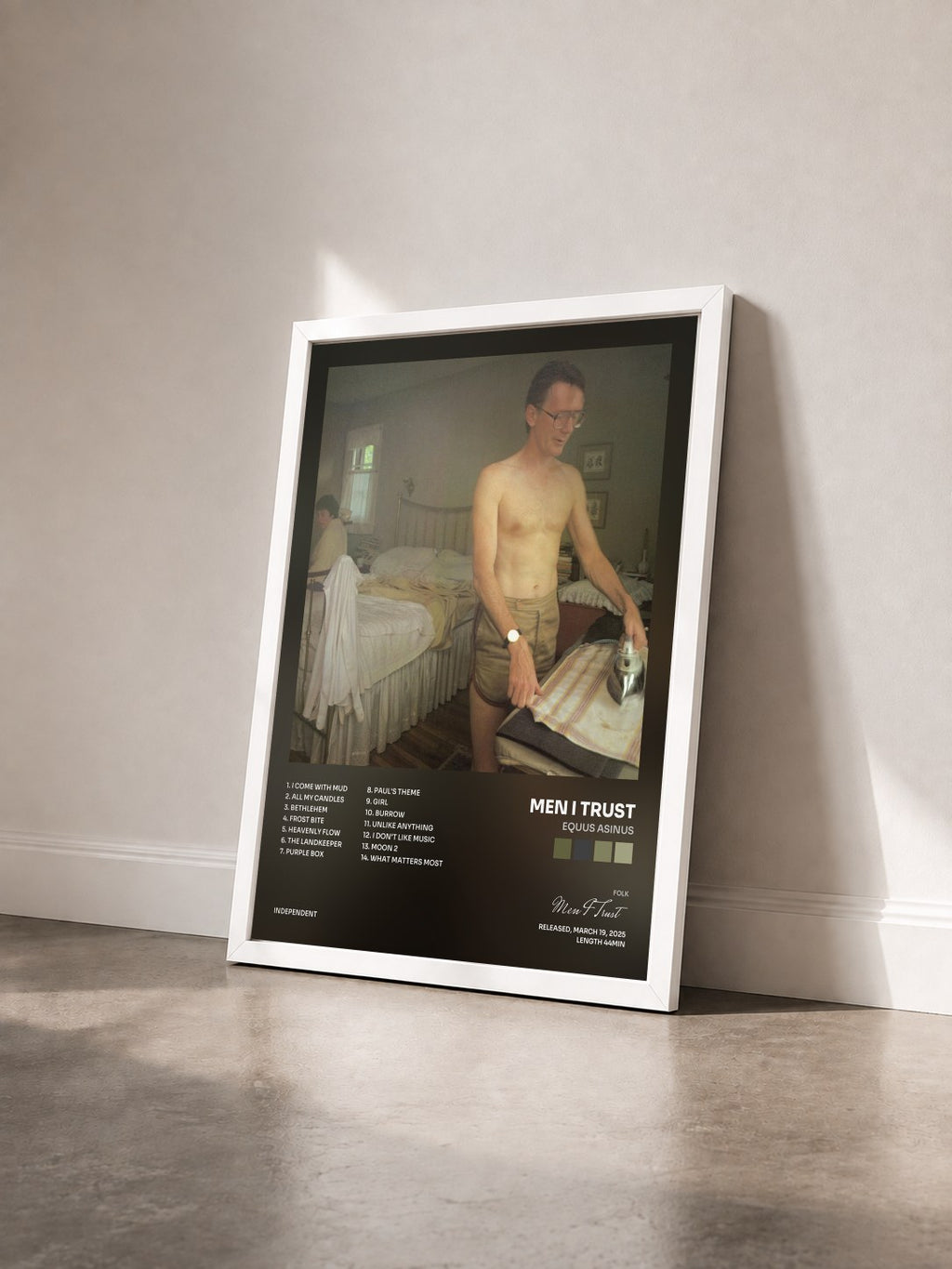 #blanc Tableau de l'album Equus Asinus de Men I Trust vu de trois quarts, cadre blanc
