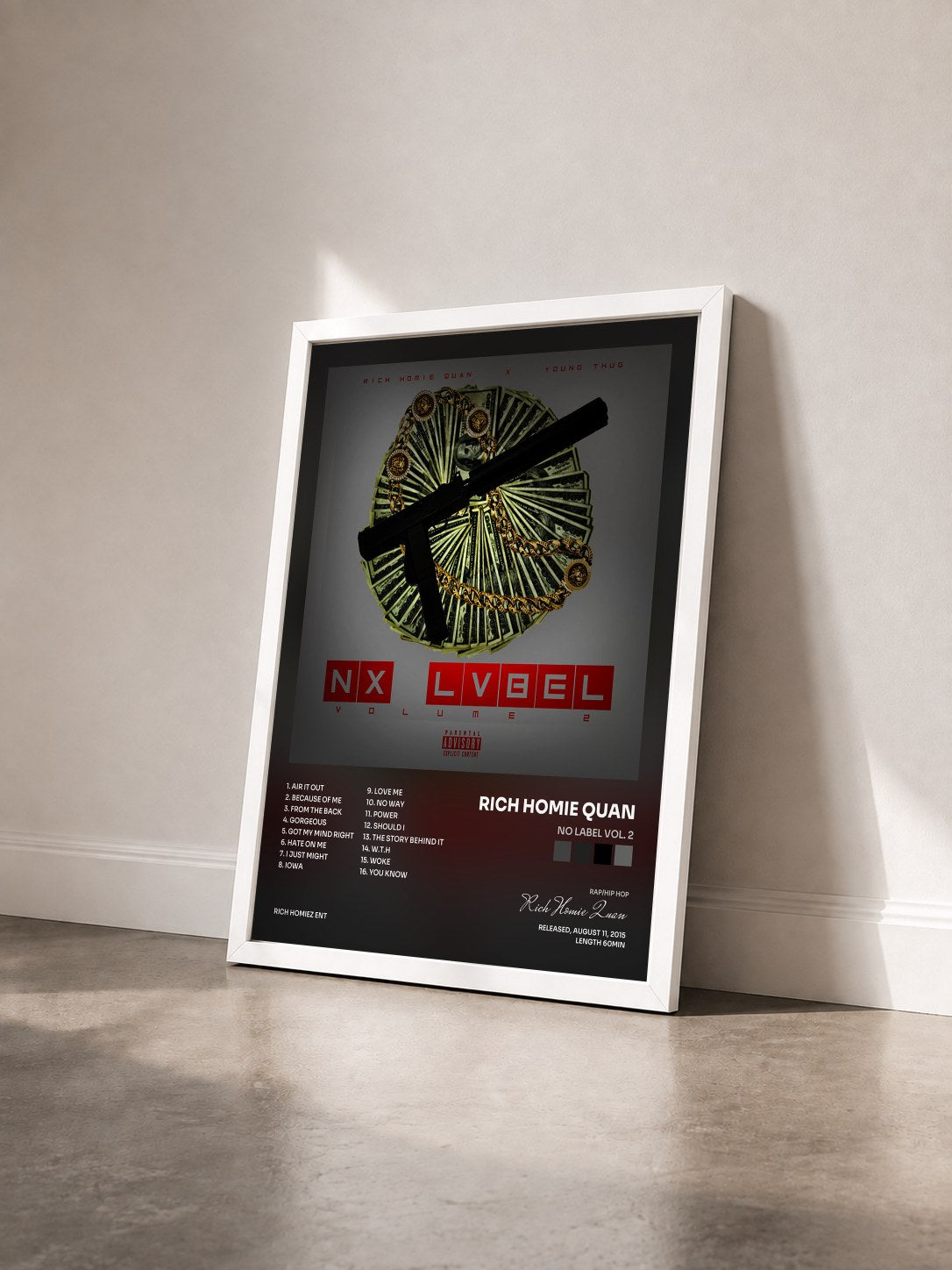 #blanc Tableau de l'album No Label Vol. 2 de Rich Homie Quan vu de trois quarts, cadre blanc