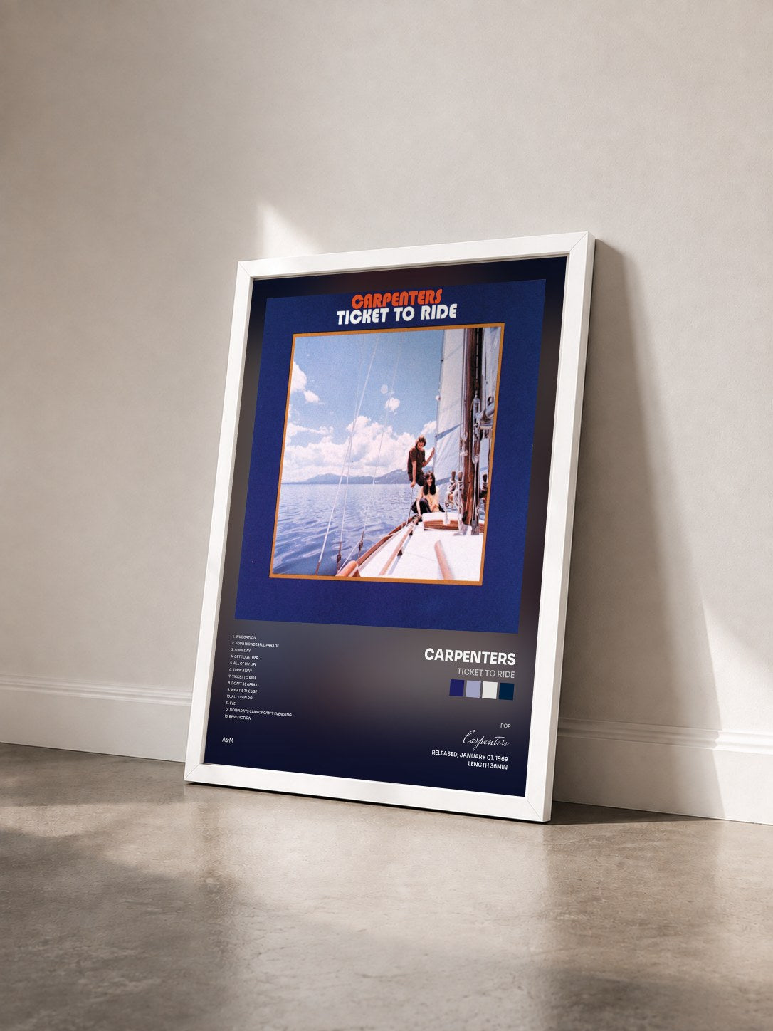 #blanc Tableau de l'album Ticket To Ride de Carpenters vu de trois quarts, cadre blanc
