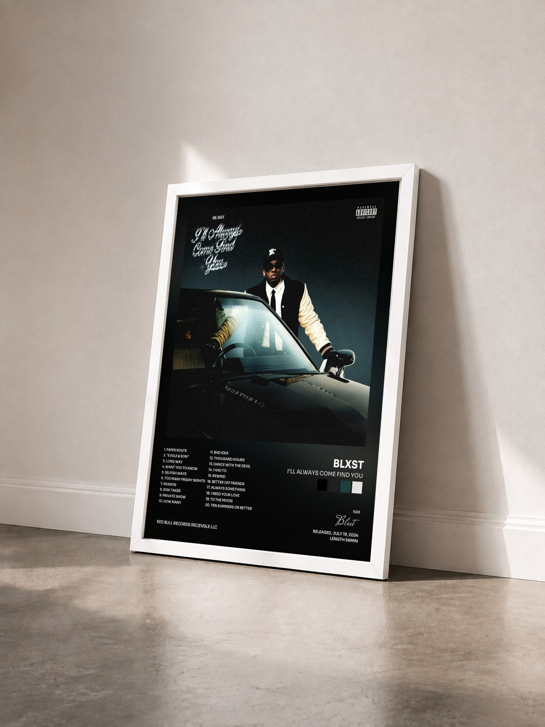 #blanc Tableau de l'album I'll Always Come Find You de Blxst vu de trois quarts, cadre blanc