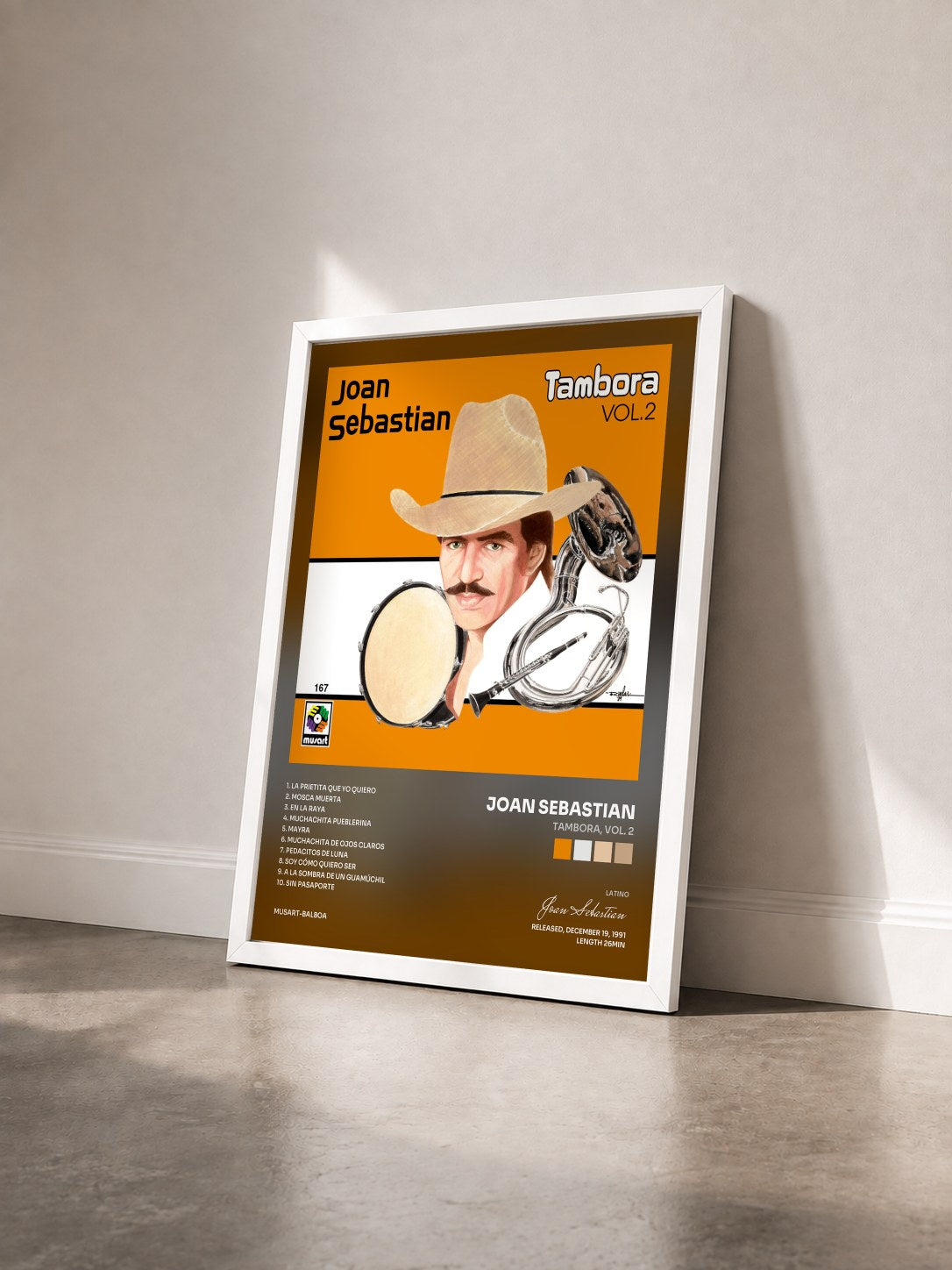 #blanc Tableau de l'album Tambora, Vol. 2 de Joan Sebastian vu de trois quarts, cadre blanc