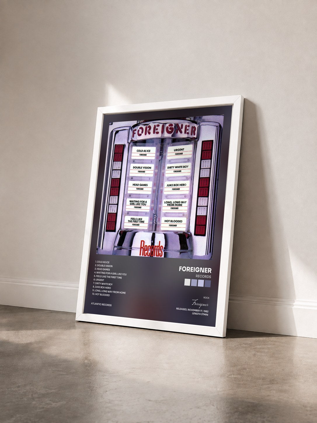 #blanc Tableau de l'album Records de Foreigner vu de trois quarts, cadre blanc