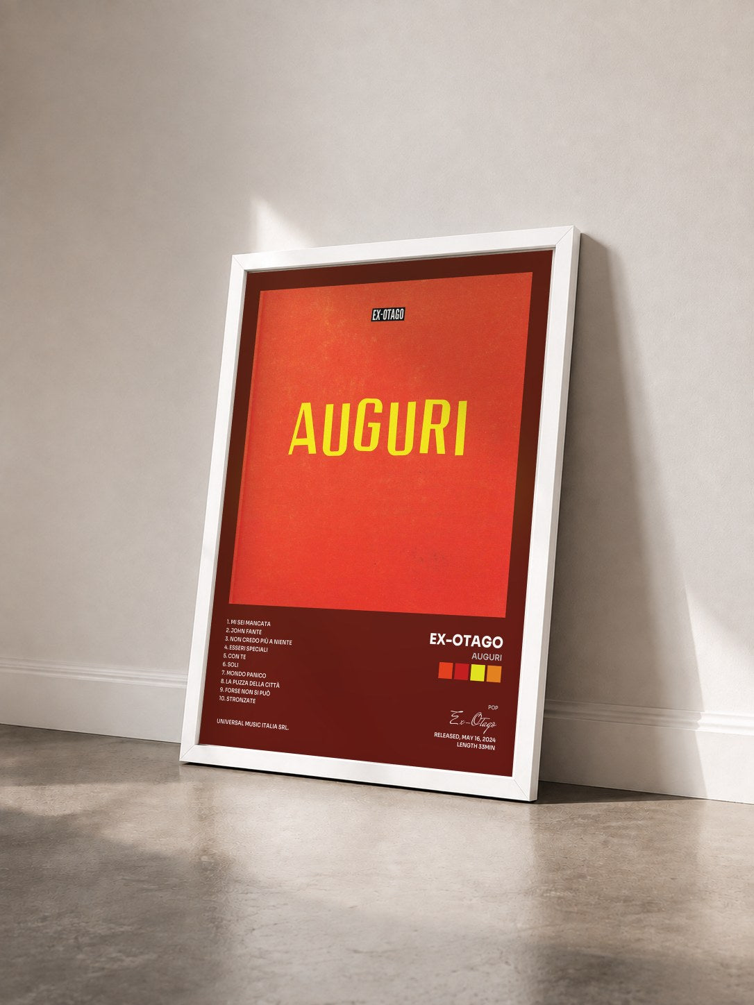 #blanc Tableau de l'album Auguri de Ex-Otago vu de trois quarts, cadre blanc