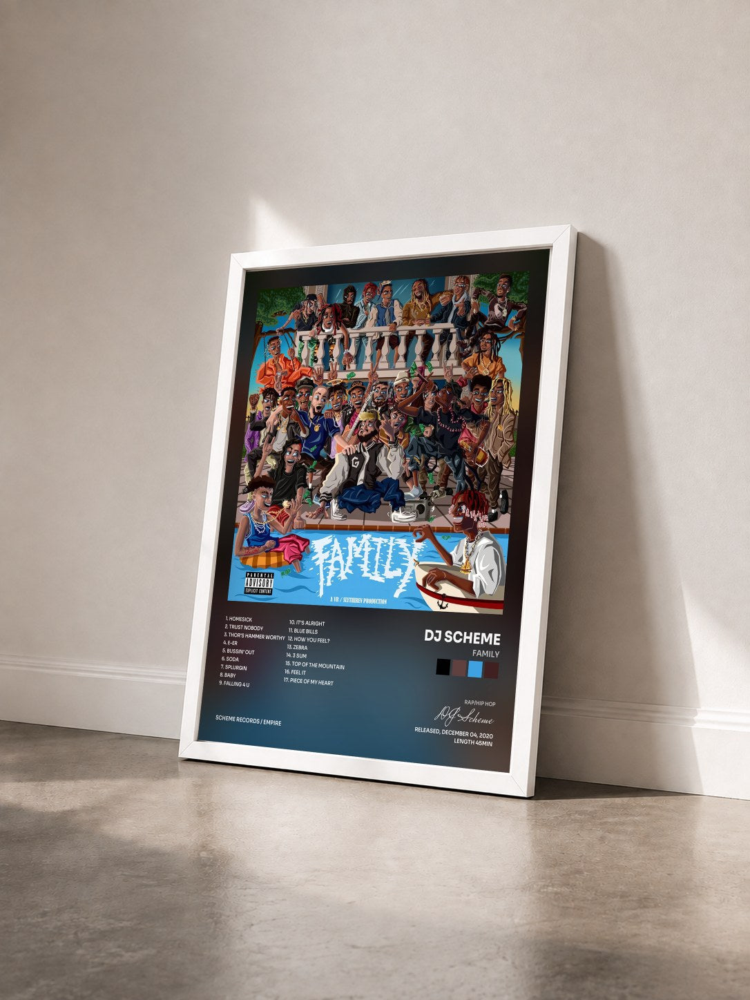 #blanc Tableau de l'album FAMILY de DJ Scheme vu de trois quarts, cadre blanc