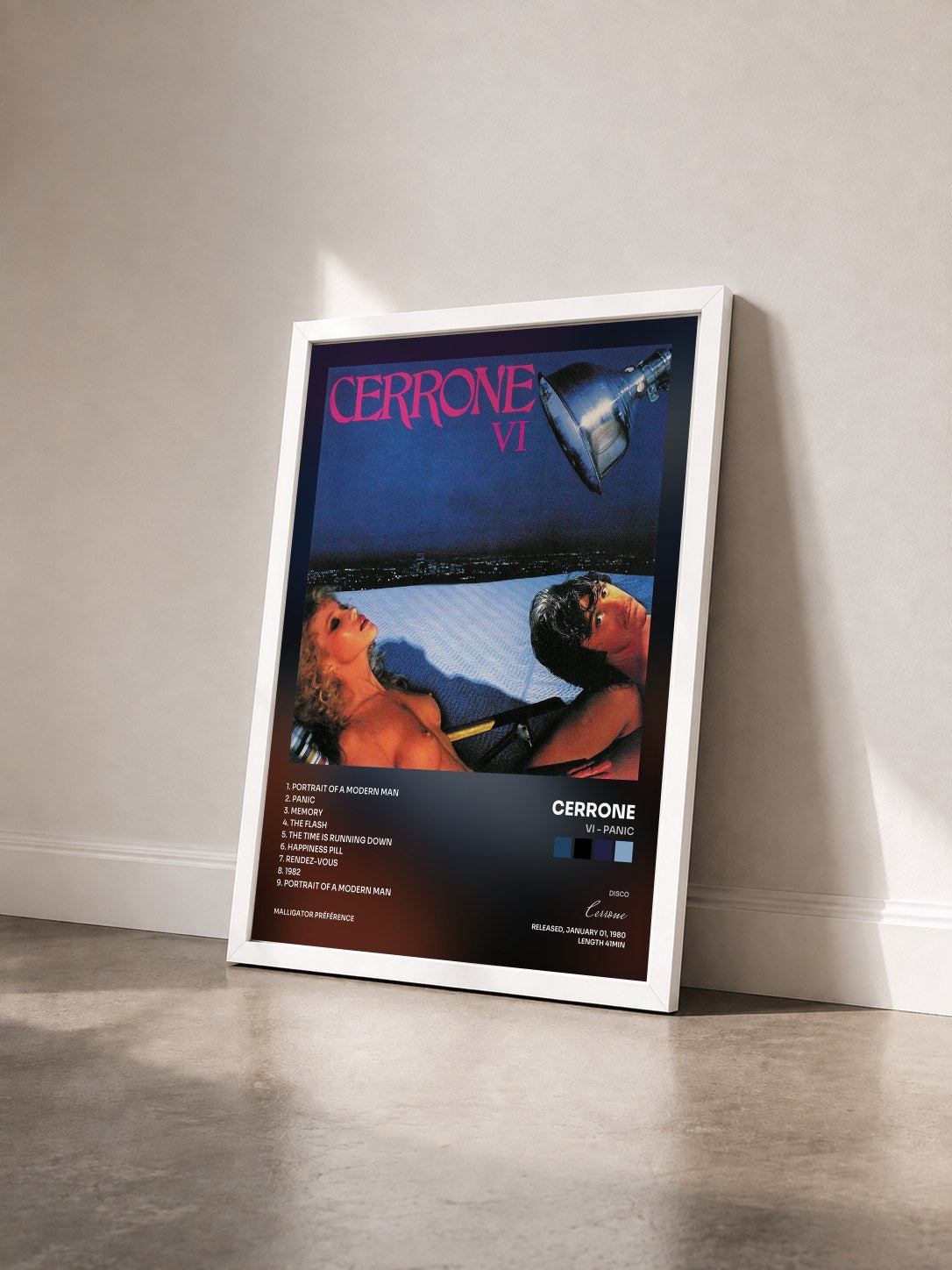 #blanc Tableau de l'album VI - Panic de Cerrone vu de trois quarts, cadre blanc