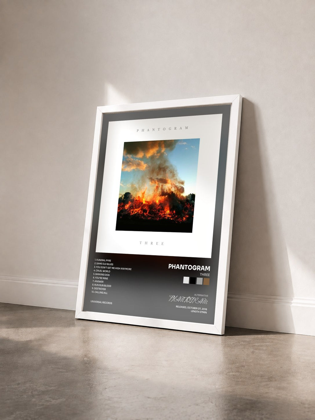 #blanc Tableau de l'album Three de PHANTOGRAM vu de trois quarts, cadre blanc