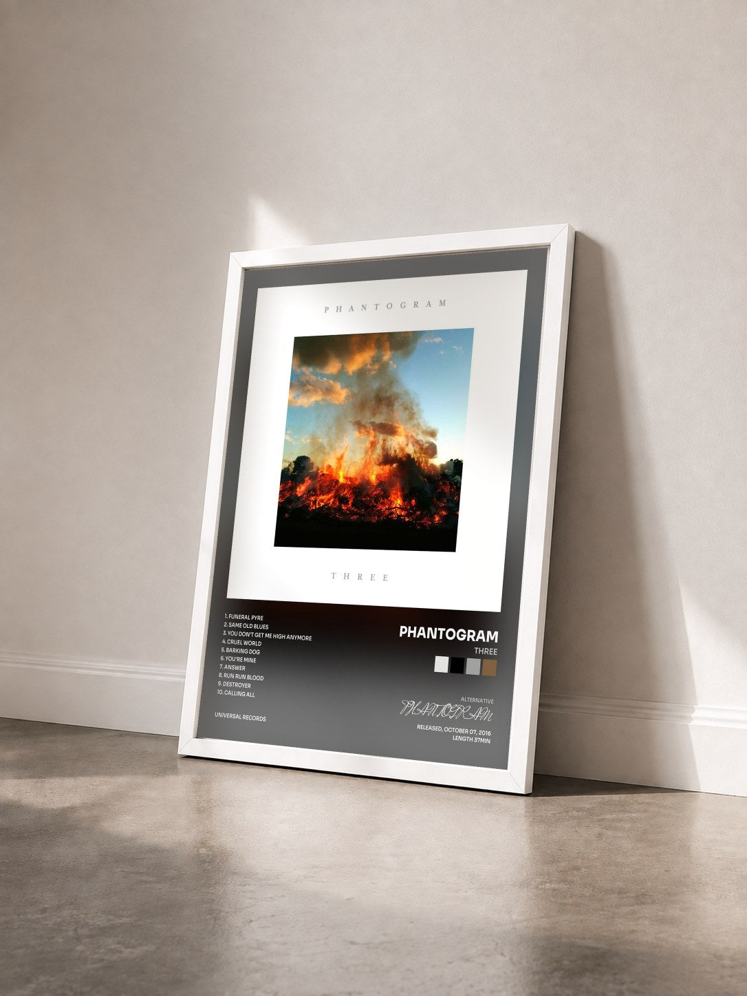#blanc Tableau de l'album Three de PHANTOGRAM vu de trois quarts, cadre blanc
