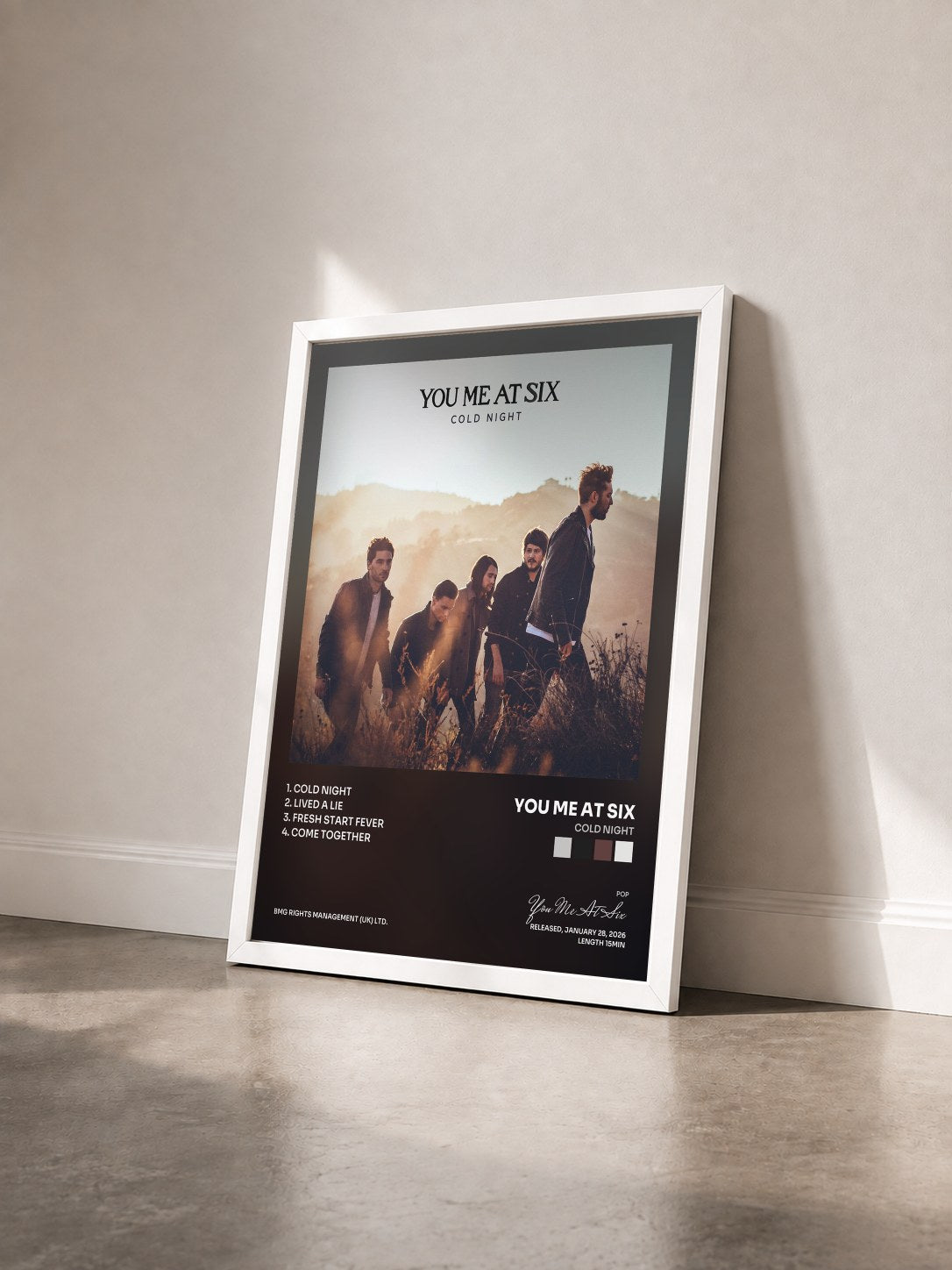 #blanc Tableau de l'album Cold Night de You Me At Six vu de trois quarts, cadre blanc