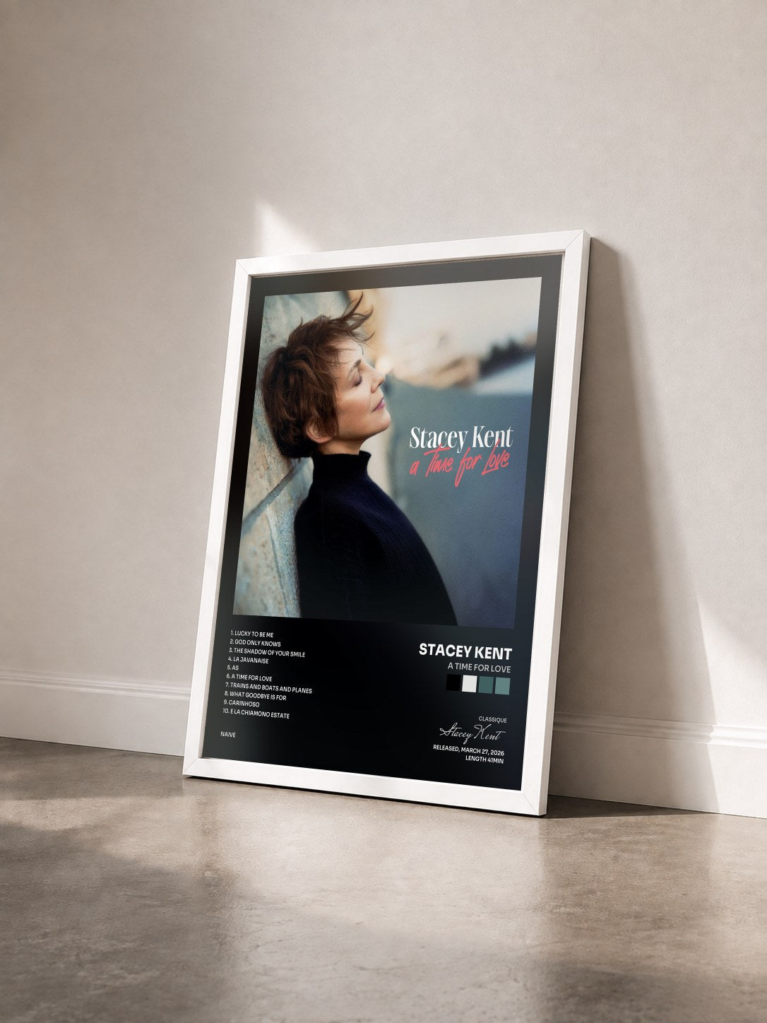 #blanc Tableau de l'album A Time For Love de Stacey Kent vu de trois quarts, cadre blanc