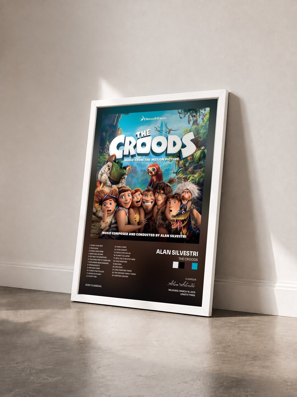 #blanc Tableau de l'album The Croods de Alan Silvestri vu de trois quarts, cadre blanc