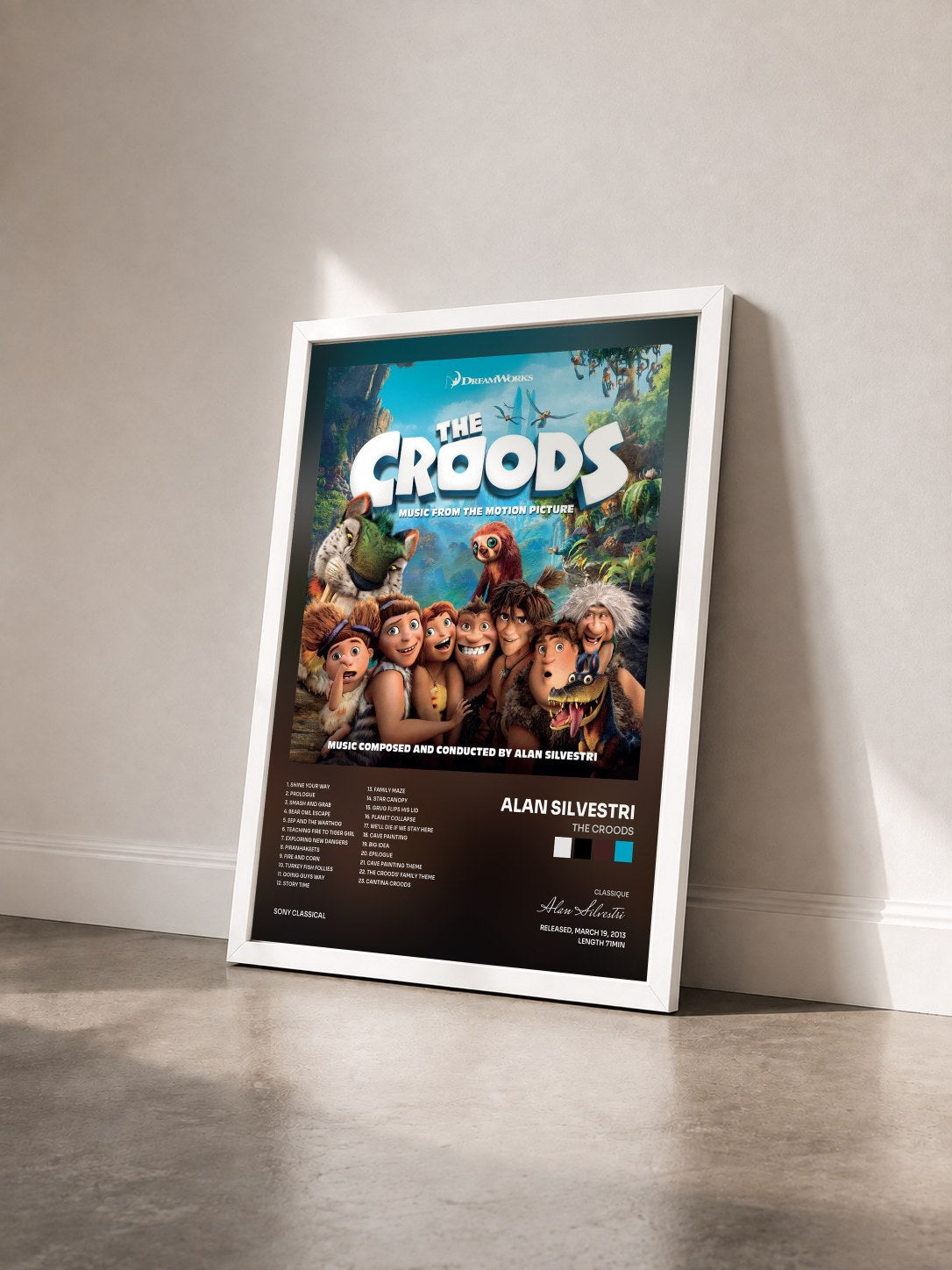 #blanc Tableau de l'album The Croods de Alan Silvestri vu de trois quarts, cadre blanc