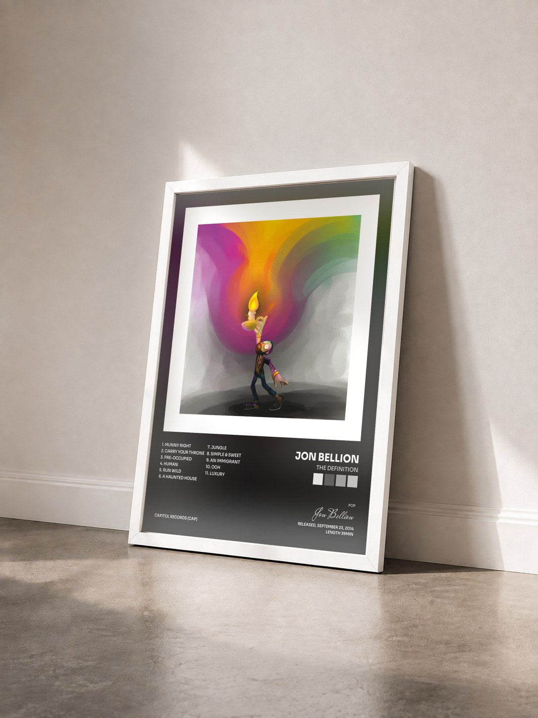 #blanc Tableau de l'album The Definition de Jon Bellion vu de trois quarts, cadre blanc