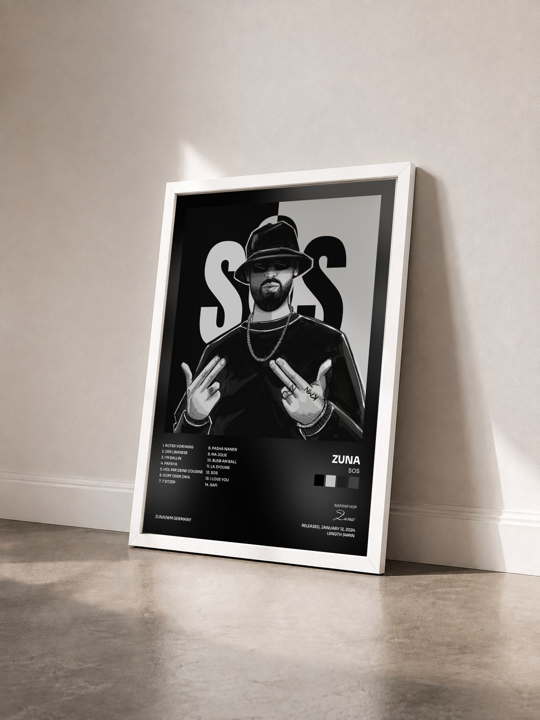 #blanc Tableau de l'album SOS de Zuna vu de trois quarts, cadre blanc