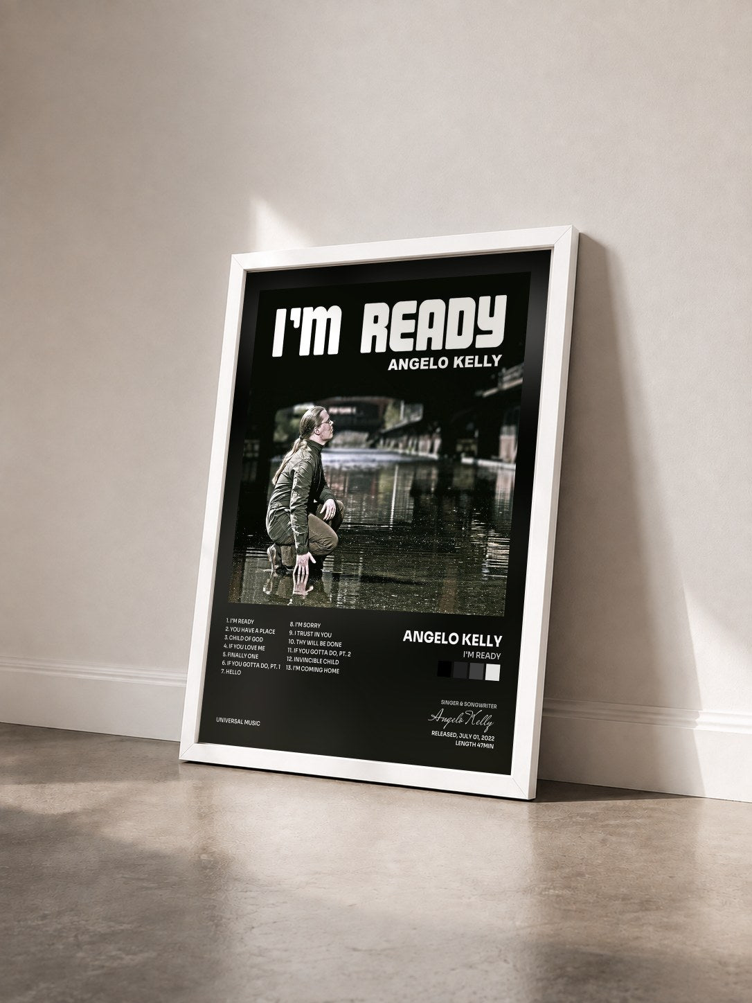 #blanc Tableau de l'album I'm Ready de Angelo Kelly vu de trois quarts, cadre blanc