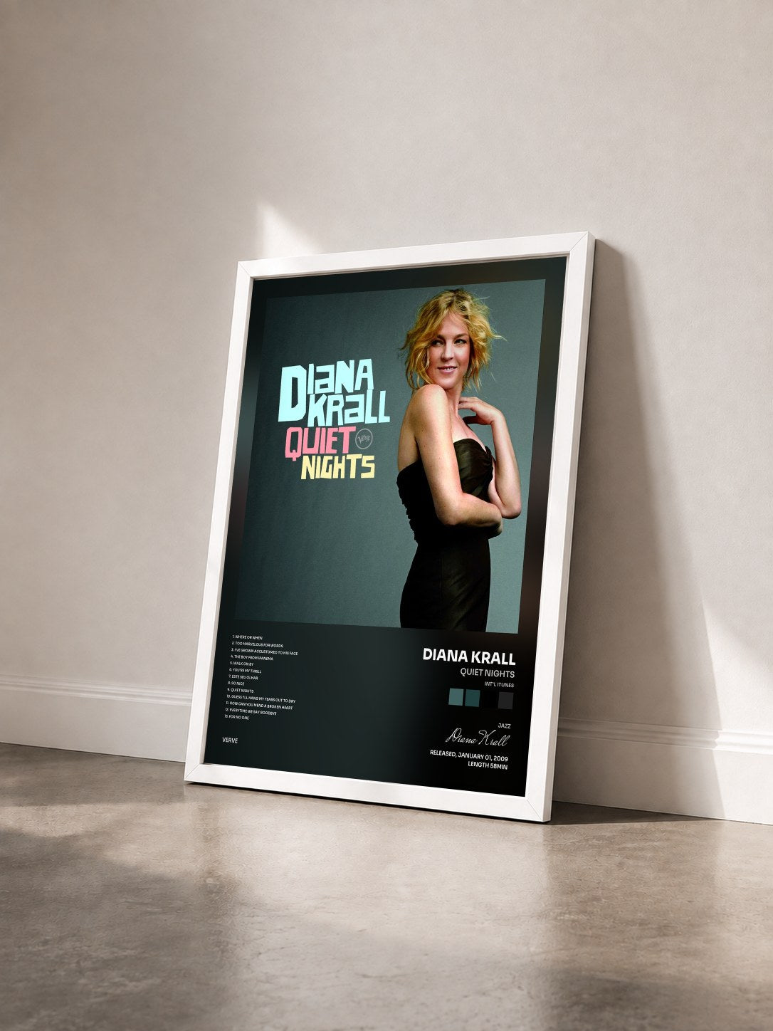 #blanc Tableau de l'album Quiet Nights (Int'l iTunes) de Diana Krall vu de trois quarts, cadre blanc