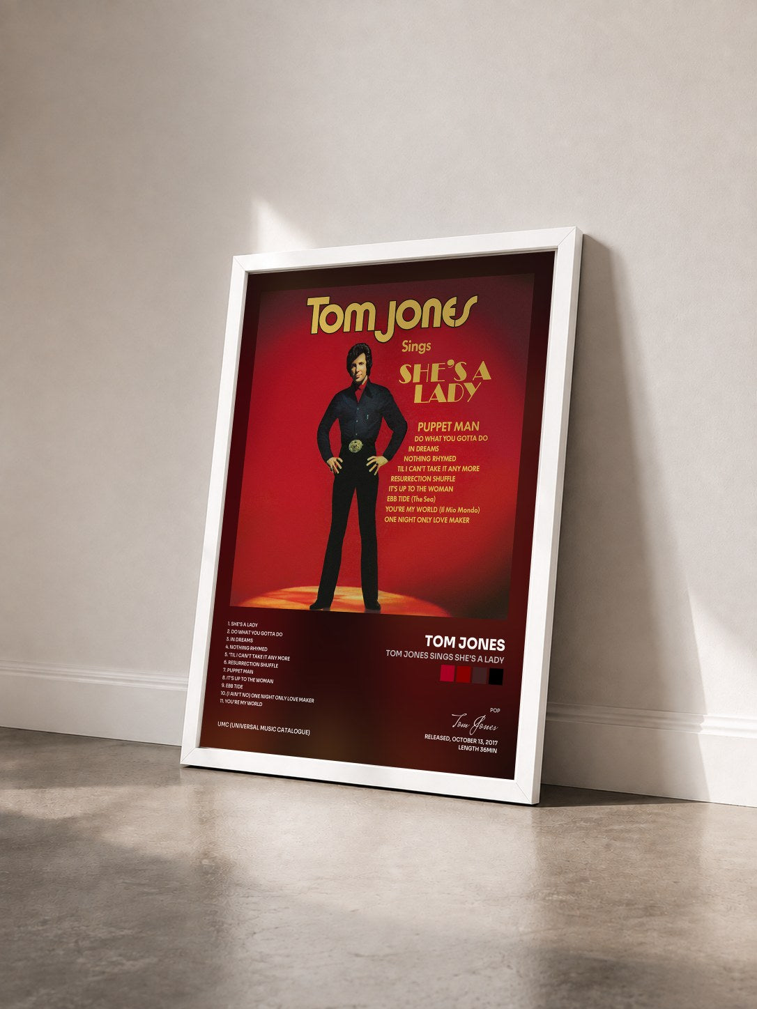 #blanc Tableau de l'album Tom Jones Sings She's A Lady de Tom Jones vu de trois quarts, cadre blanc