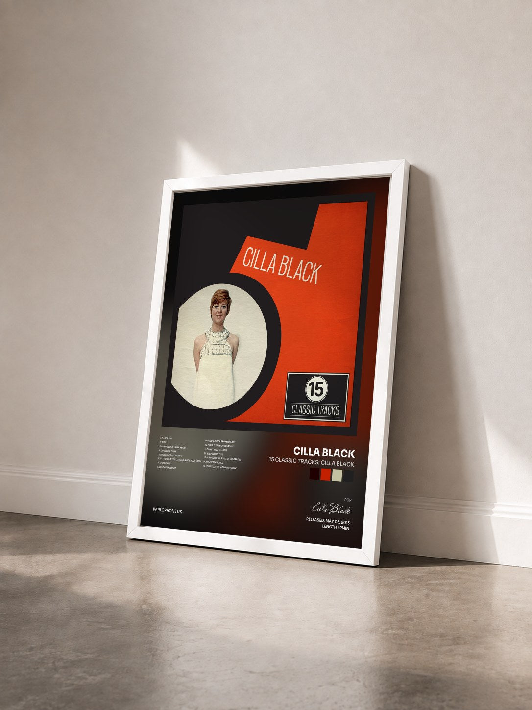 #blanc Tableau de l'album 15 Classic Tracks: Cilla Black de Cilla Black vu de trois quarts, cadre blanc