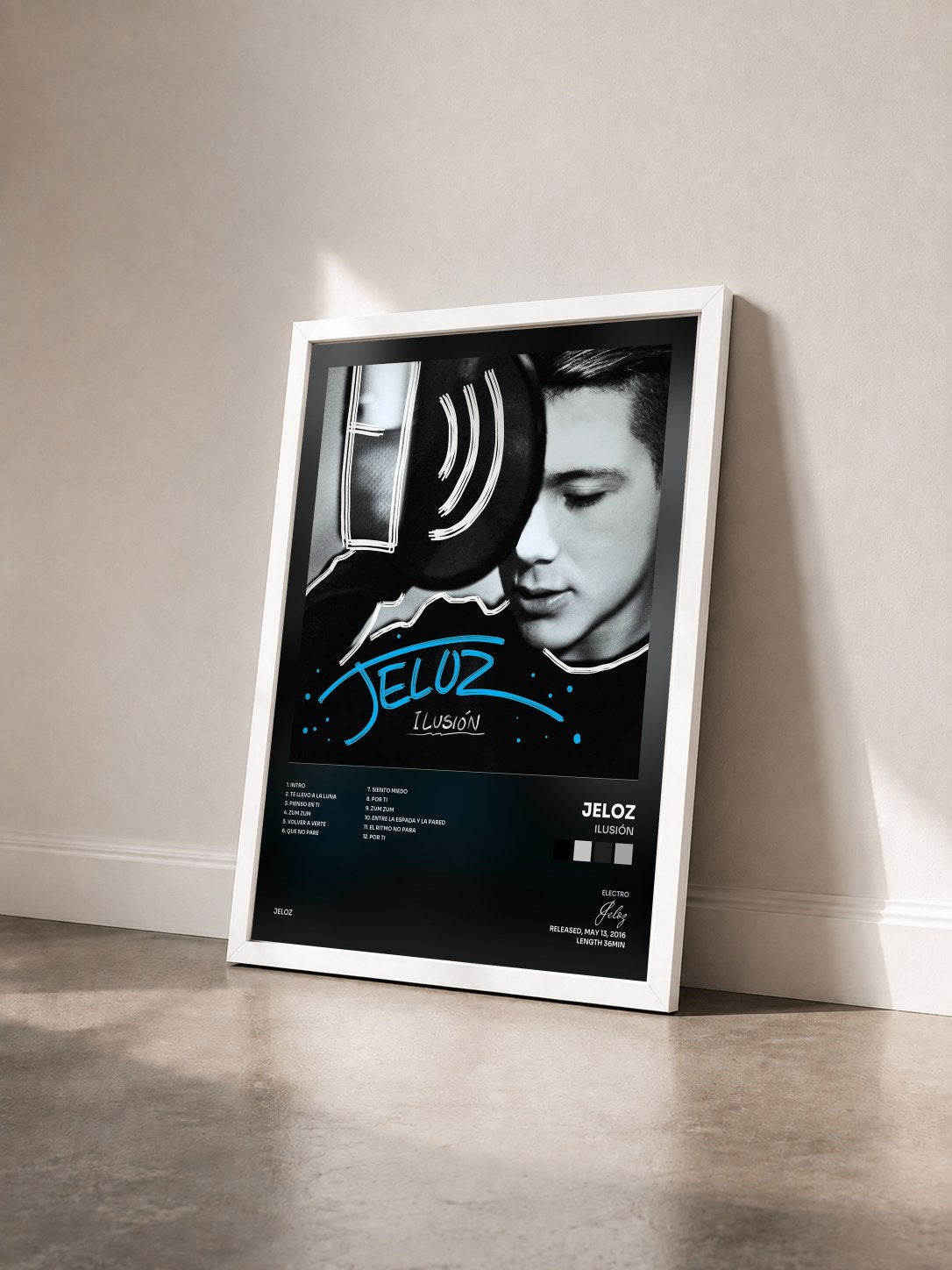 #blanc Tableau de l'album Ilusión de Jeloz vu de trois quarts, cadre blanc
