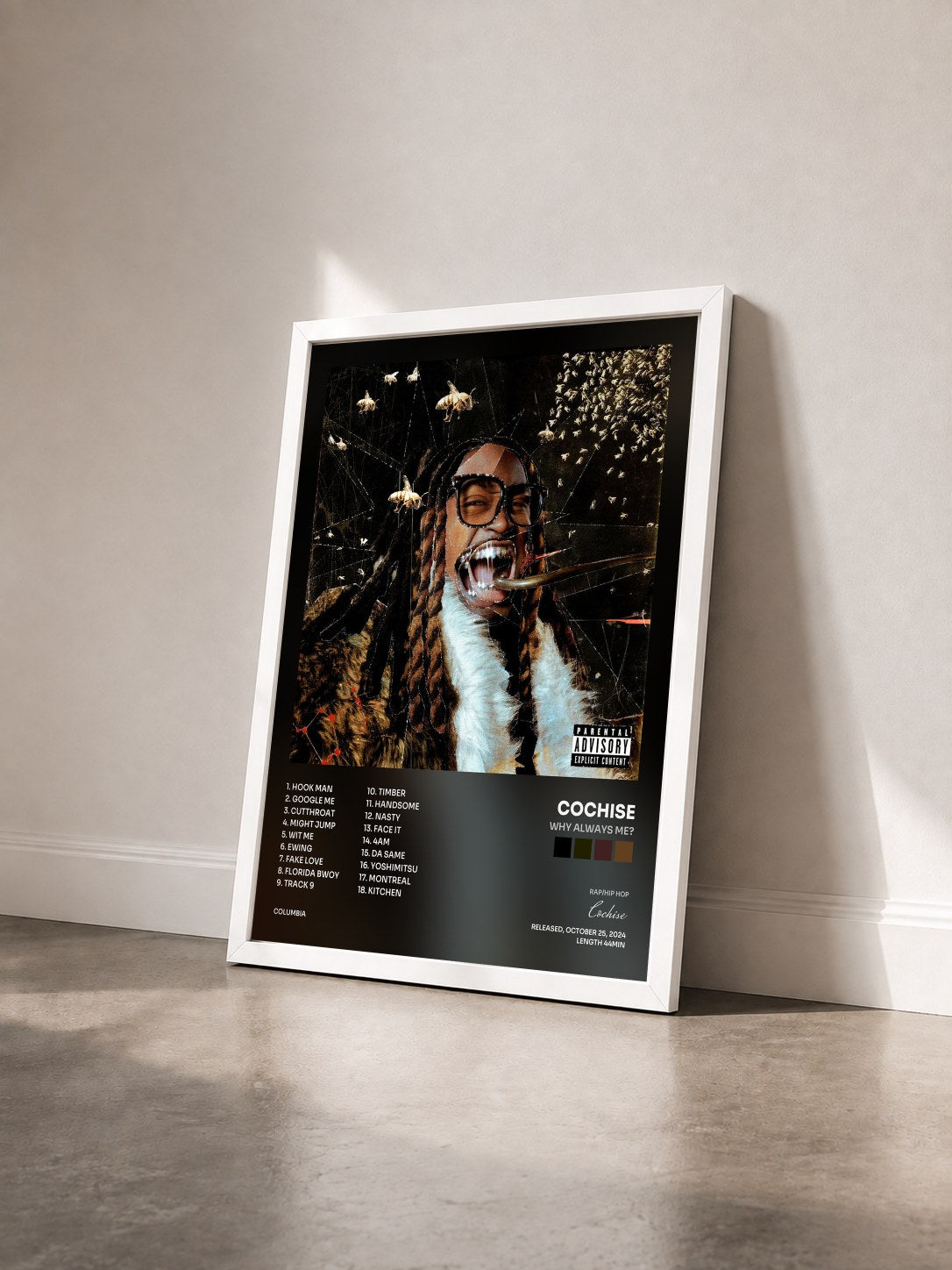 #blanc Tableau de l'album WHY ALWAYS ME? de Cochise vu de trois quarts, cadre blanc