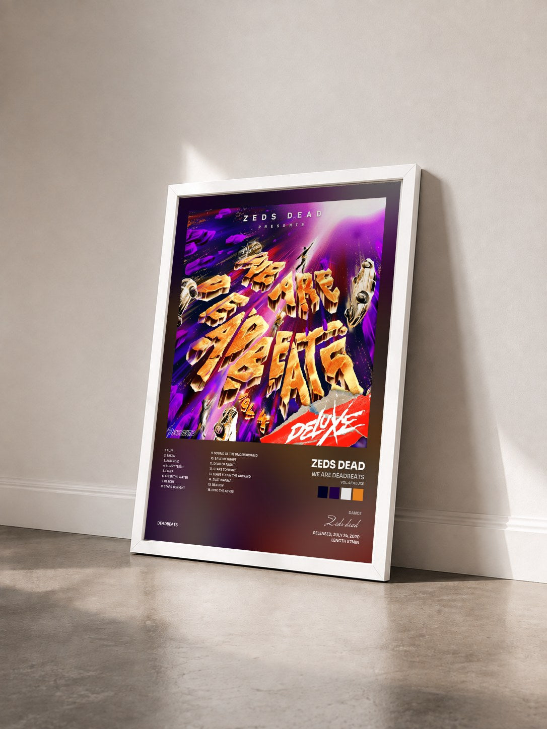 #blanc Tableau de l'album We Are Deadbeats (Vol. 4/Deluxe) de Zeds dead vu de trois quarts, cadre blanc
