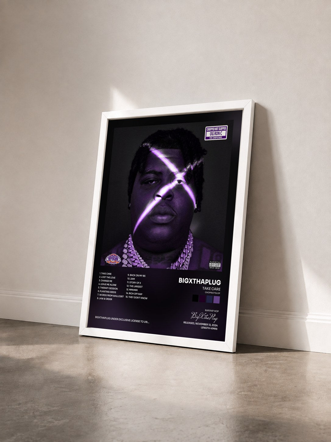 #blanc Tableau de l'album TAKE CARE (ChopNotSlop) de BigXthaPlug vu de trois quarts, cadre blanc