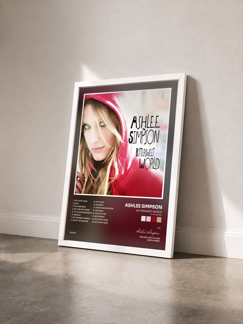 #blanc Tableau de l'album Bittersweet World (ALT BP Version) de Ashlee Simpson vu de trois quarts, cadre blanc