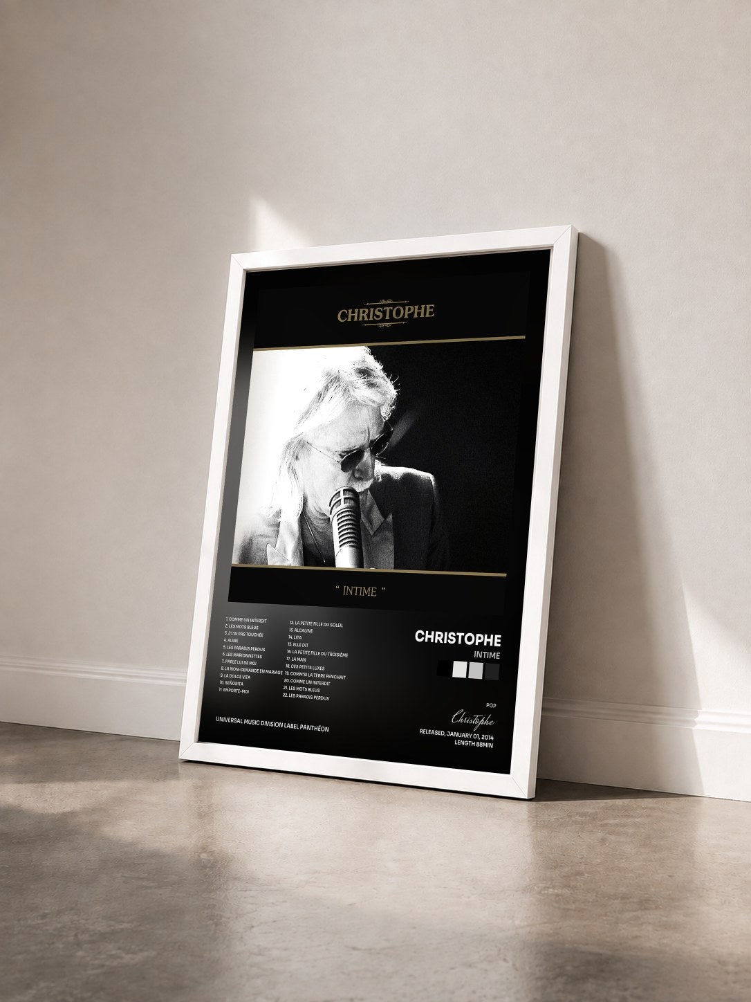 #blanc Tableau de l'album Intime de Christophe vu de trois quarts, cadre blanc
