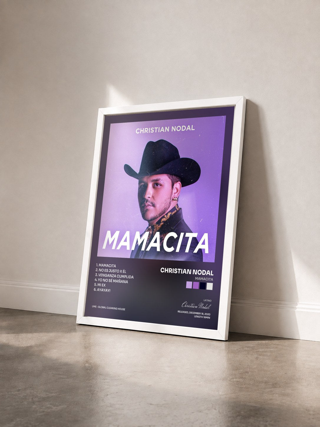 #blanc Tableau de l'album Mamacita de Christian Nodal vu de trois quarts, cadre blanc