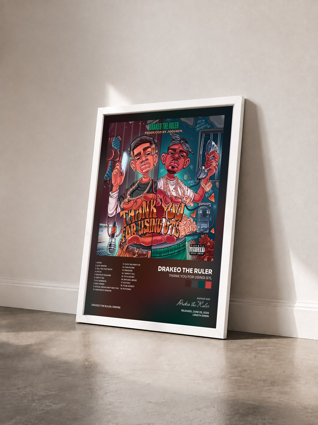 #blanc Tableau de l'album Thank You For Using GTL de Drakeo the Ruler vu de trois quarts, cadre blanc