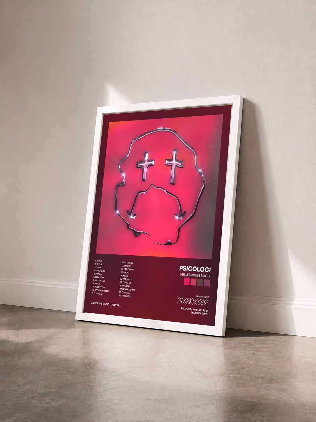#blanc Tableau de l'album MILLENNIUM BUG X de PSICOLOGI vu de trois quarts, cadre blanc