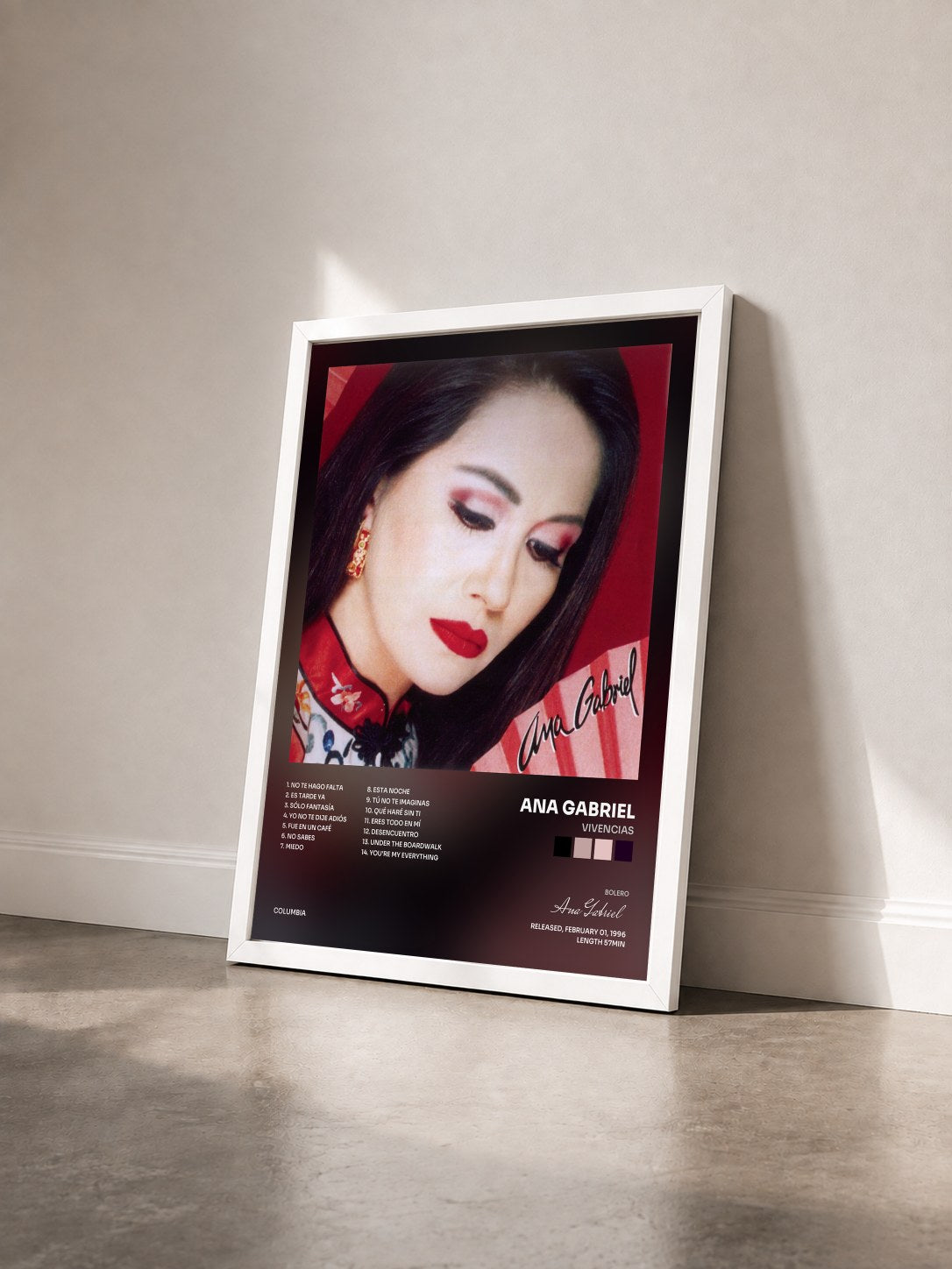 #blanc Tableau de l'album Vivencias de Ana Gabriel vu de trois quarts, cadre blanc