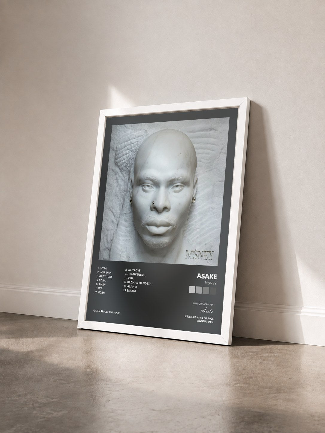 #blanc Tableau de l'album M$NEY de Asake vu de trois quarts, cadre blanc