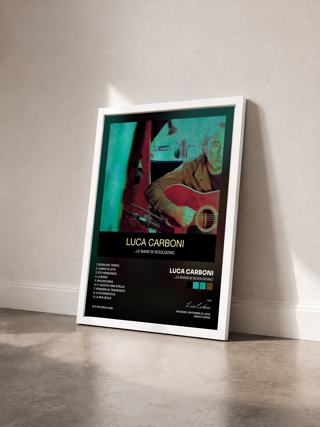 #blanc Tableau de l'album ...Le Band Si Sciolgono de Luca Carboni vu de trois quarts, cadre blanc
