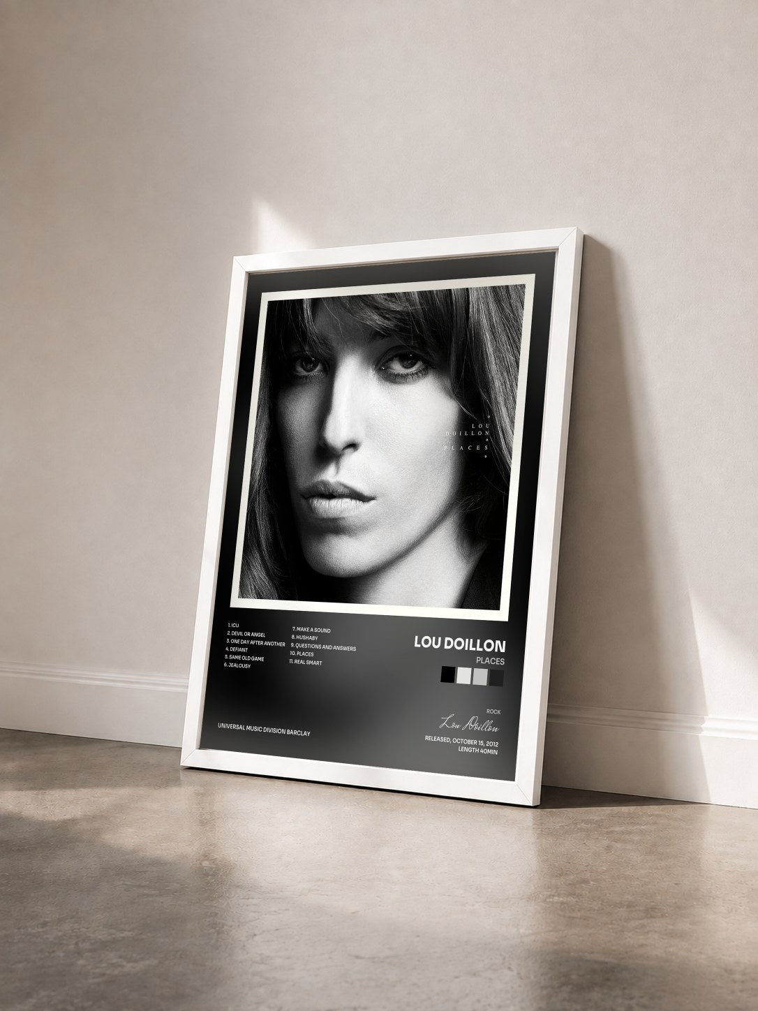 #blanc Tableau de l'album Places de Lou Doillon vu de trois quarts, cadre blanc