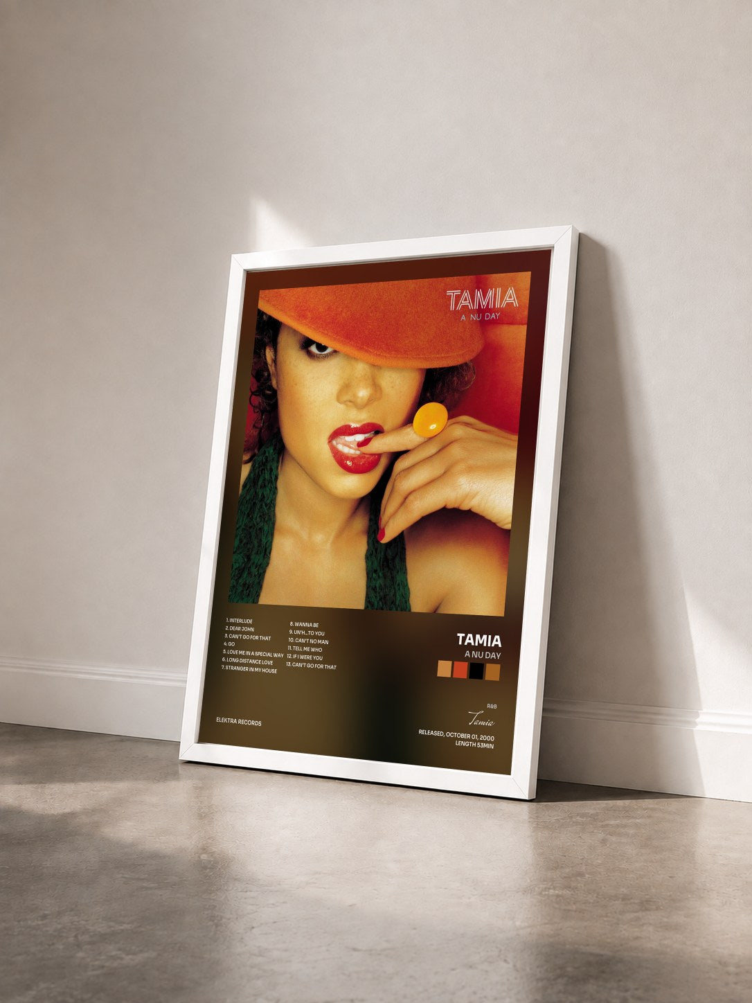 #blanc Tableau de l'album A Nu Day de Tamia vu de trois quarts, cadre blanc
