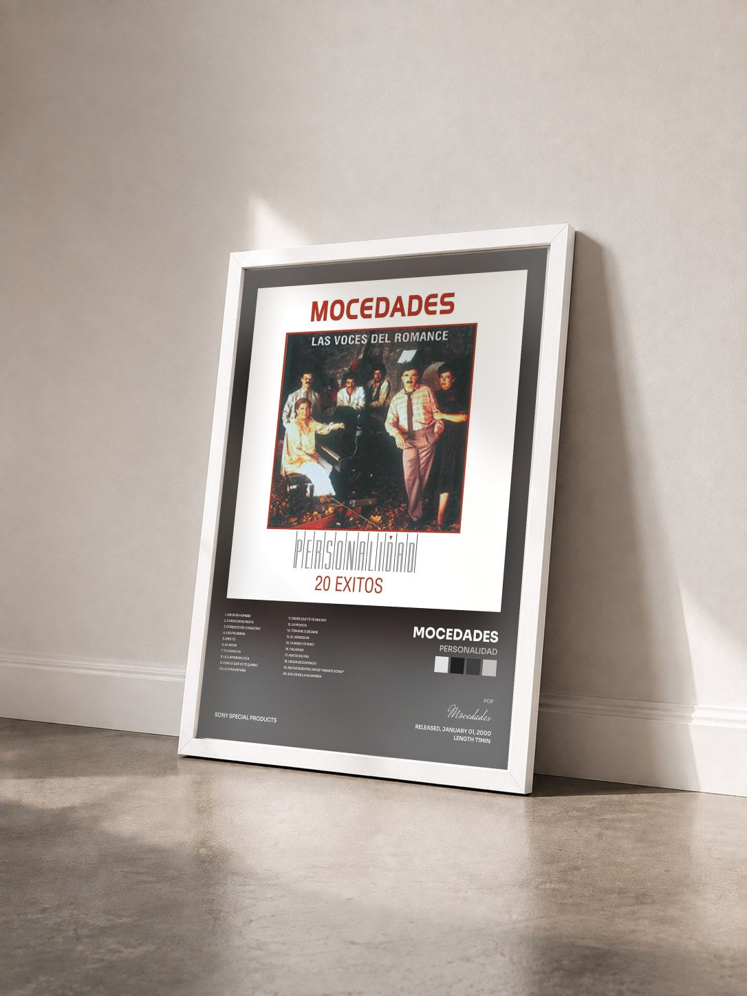 #blanc Tableau de l'album Personalidad de Mocedades vu de trois quarts, cadre blanc