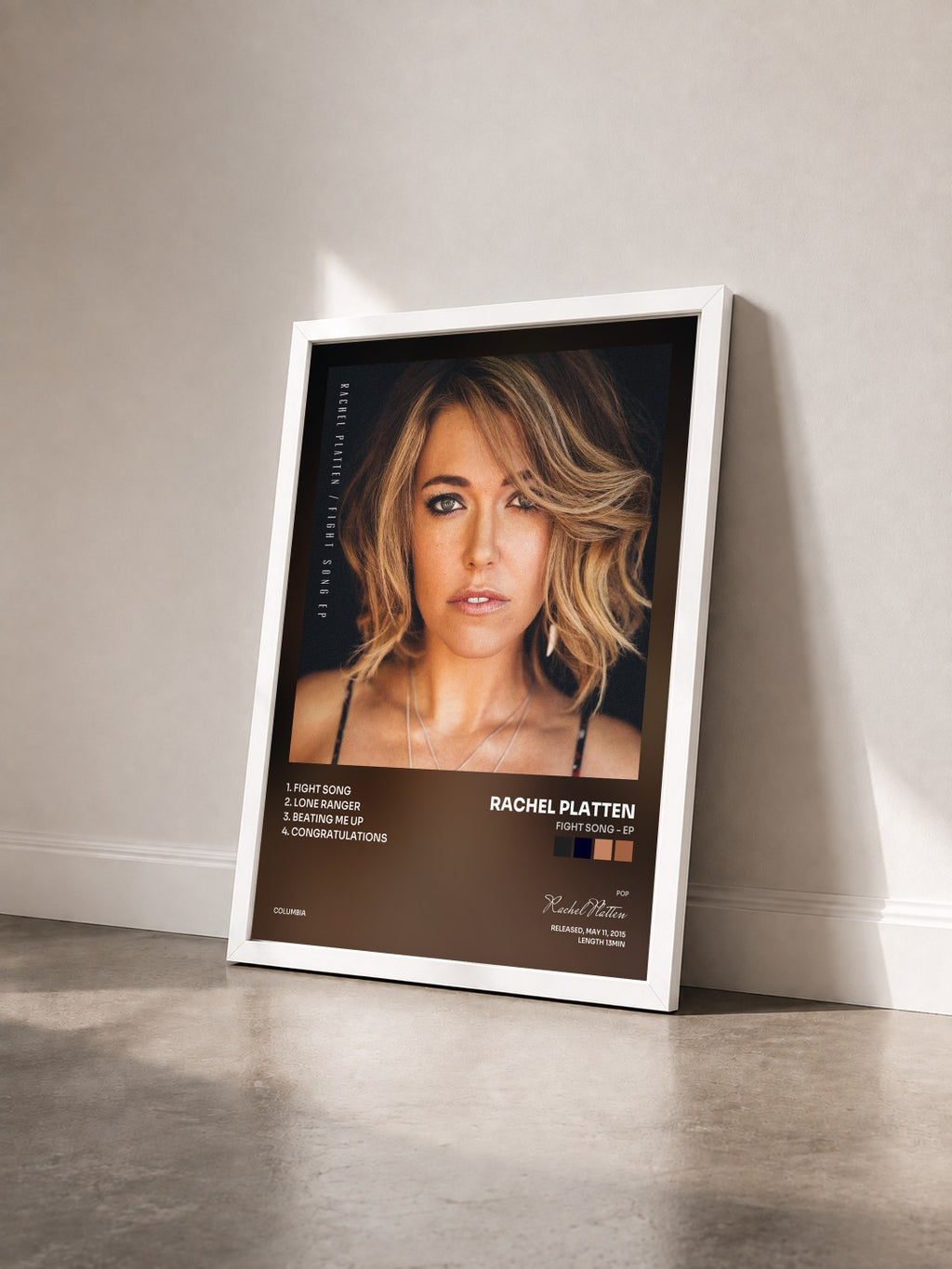 #blanc Tableau de l'album Fight Song - EP de Rachel Platten vu de trois quarts, cadre blanc