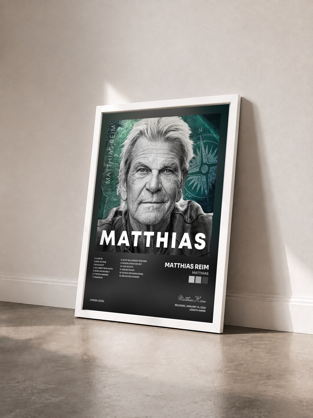 #blanc Tableau de l'album MATTHIAS de Matthias Reim vu de trois quarts, cadre blanc