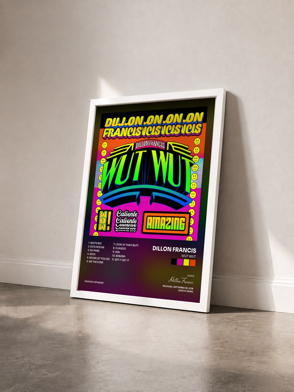 #blanc Tableau de l'album WUT WUT de Dillon Francis vu de trois quarts, cadre blanc