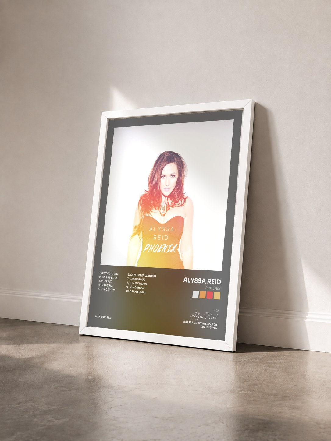 #blanc Tableau de l'album Phoenix de Alyssa Reid vu de trois quarts, cadre blanc