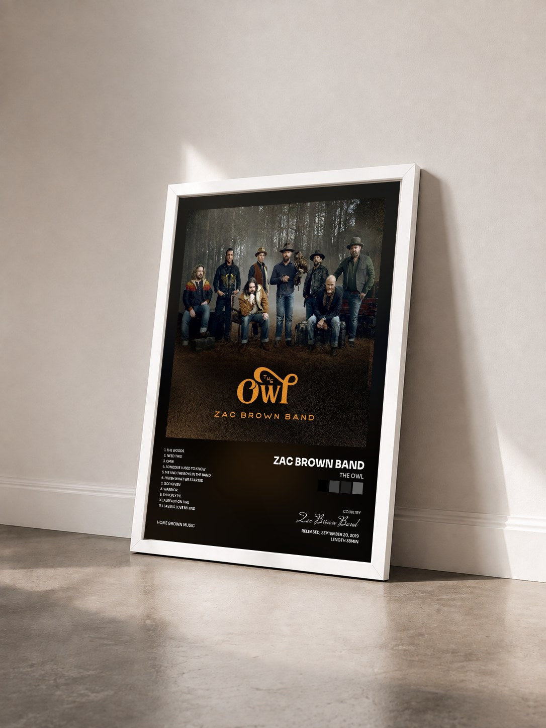 #blanc Tableau de l'album The Owl de Zac Brown Band vu de trois quarts, cadre blanc