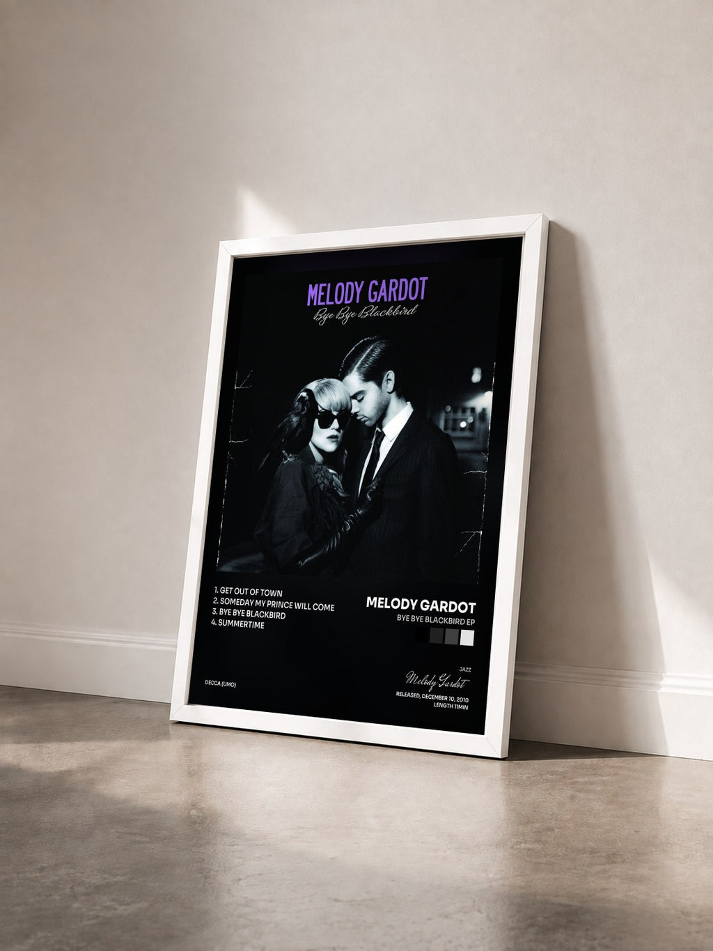 #blanc Tableau de l'album Bye Bye Blackbird EP de Melody Gardot vu de trois quarts, cadre blanc