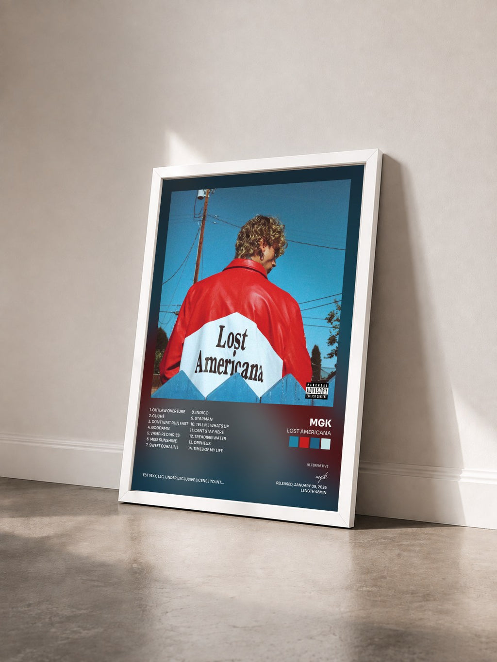 #blanc Tableau de l'album lost americana de mgk vu de trois quarts, cadre blanc
