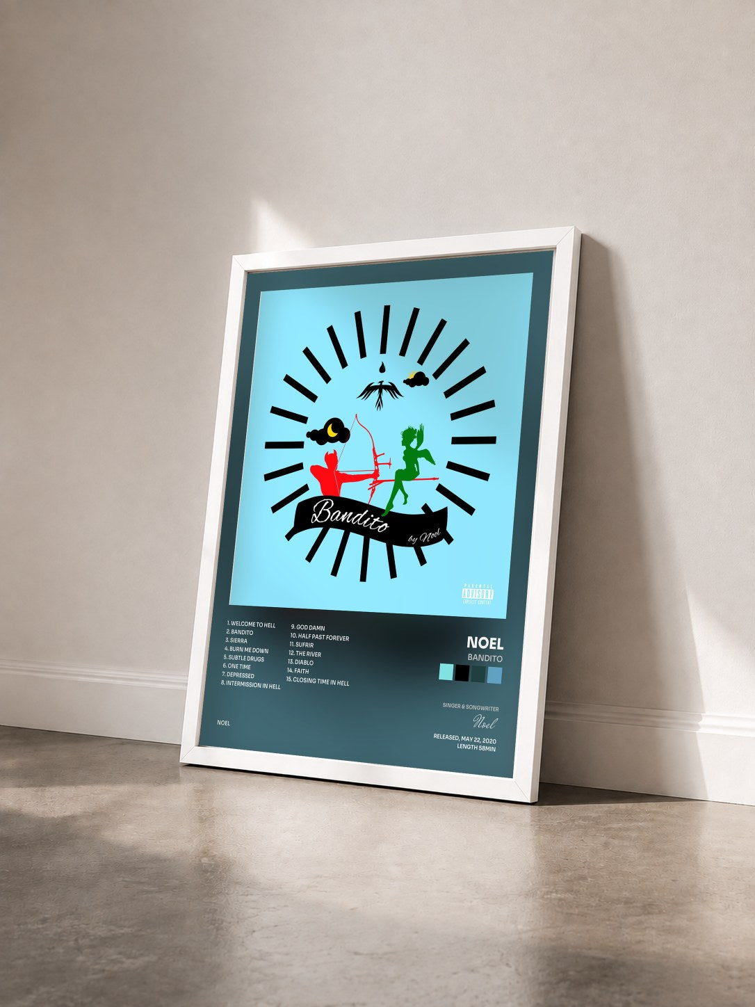 #blanc Tableau de l'album Bandito de Noel vu de trois quarts, cadre blanc