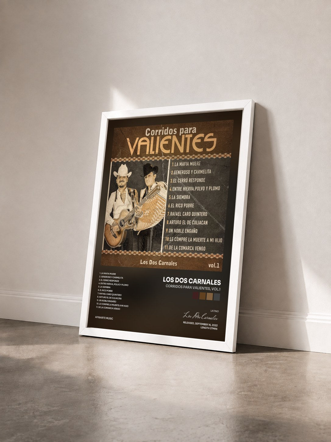 #blanc Tableau de l'album Corridos Para Valientes, Vol.1 de Los Dos Carnales vu de trois quarts, cadre blanc