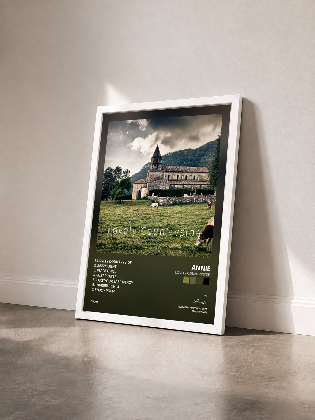 #blanc Tableau de l'album Lovely Countryside de Annie vu de trois quarts, cadre blanc