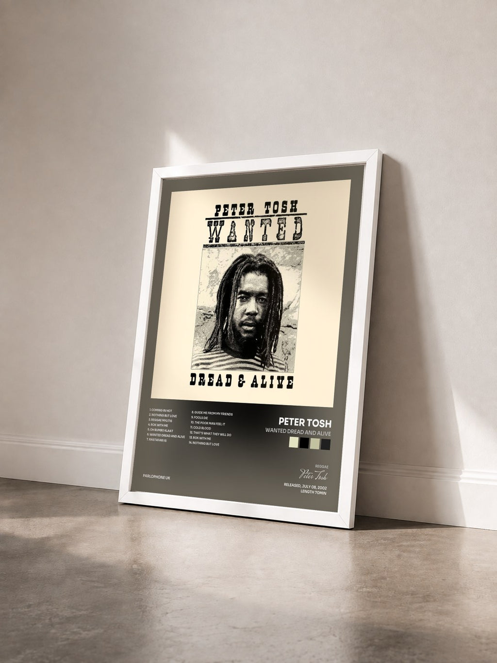 #blanc Tableau de l'album Wanted Dread and Alive de Peter Tosh vu de trois quarts, cadre blanc