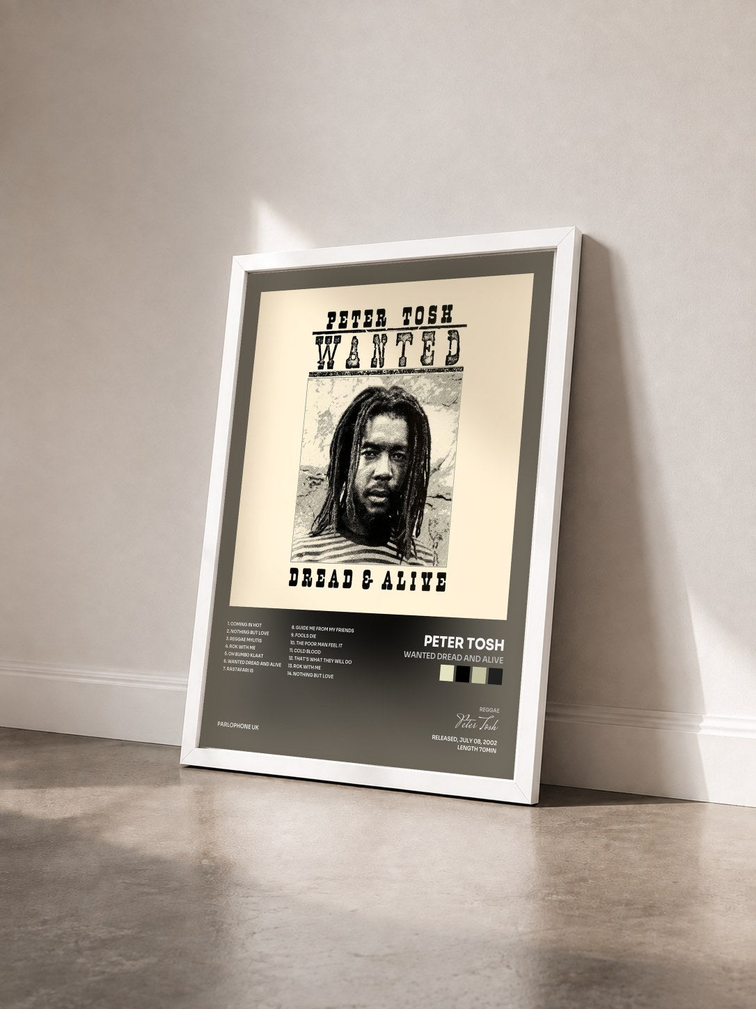 #blanc Tableau de l'album Wanted Dread and Alive de Peter Tosh vu de trois quarts, cadre blanc